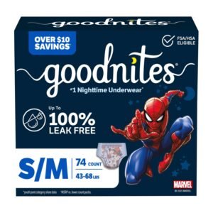 Goodnites Boys' Nighttime Underwear, Size Small/Medium, 74 Count, 10.32 lb, Navy Blue Box, White Nighttime Underwear
