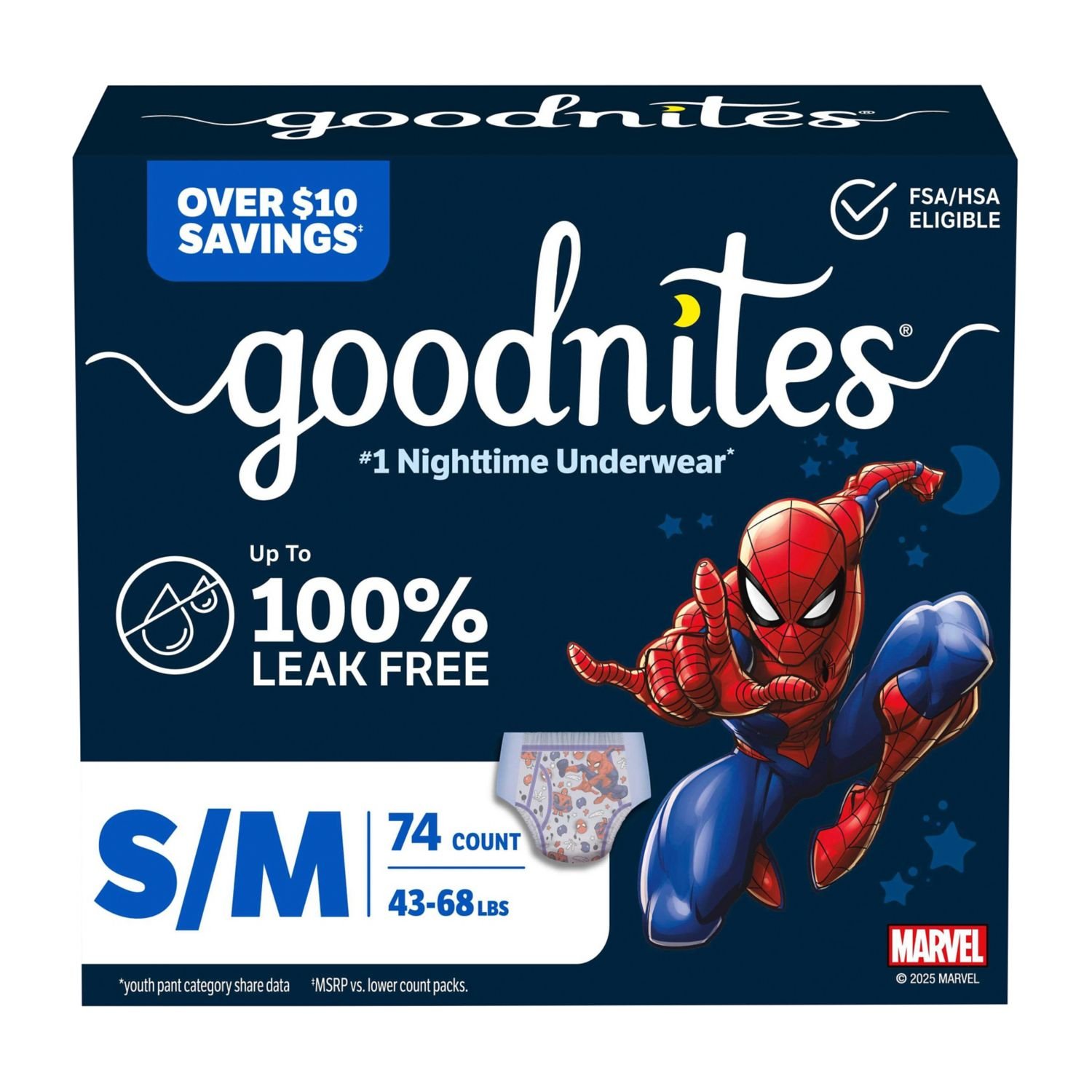 Goodnites Boys' Nighttime Underwear, Size Small/Medium, 74 Count, 10.32 lb, Navy Blue Box, White Nighttime Underwear