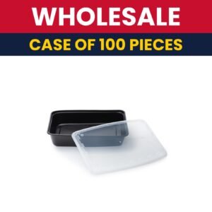 CuBE Packaging 84 oz Rectangular Container w/ Lid - Plastic, Black  - Case of 100