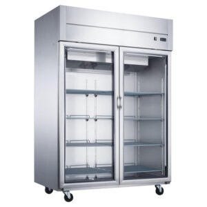 Dukers, Double Glass Door Reach In Refrigerator, Top Mount Compressor